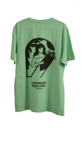 Green T-shirt with Longboard Girls Crew Switzerland logo in black featuring a skater silhouette, LGC Switzerland.